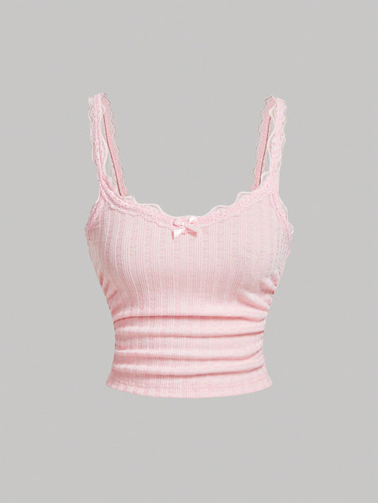 MOD Cute Pink Tank Top with Pleated Lace Patchwork Bow, Singlet, Pink Tank Top, Fall Outfit, Bow Top, Cute School Top, Back to School Top
