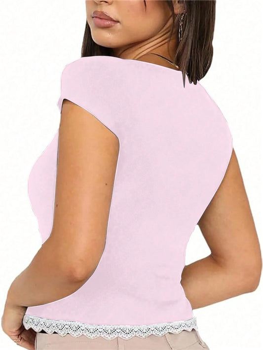 INAWLY Women'S Simple & Daily Short Sleeve T-Shirt with Solid Color & Lace Decoration