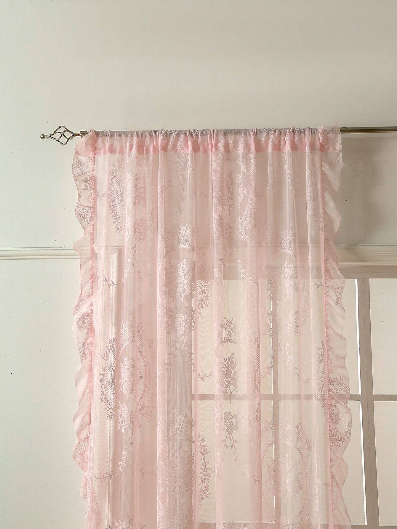 1Pc Pink Circle Eyelet Voile Curtain, French Style Elegant with Ruffle Edge, Suitable for Bay Window, Living Room, Bedroom, Office, Kitchen, Study Room, Home Decor
