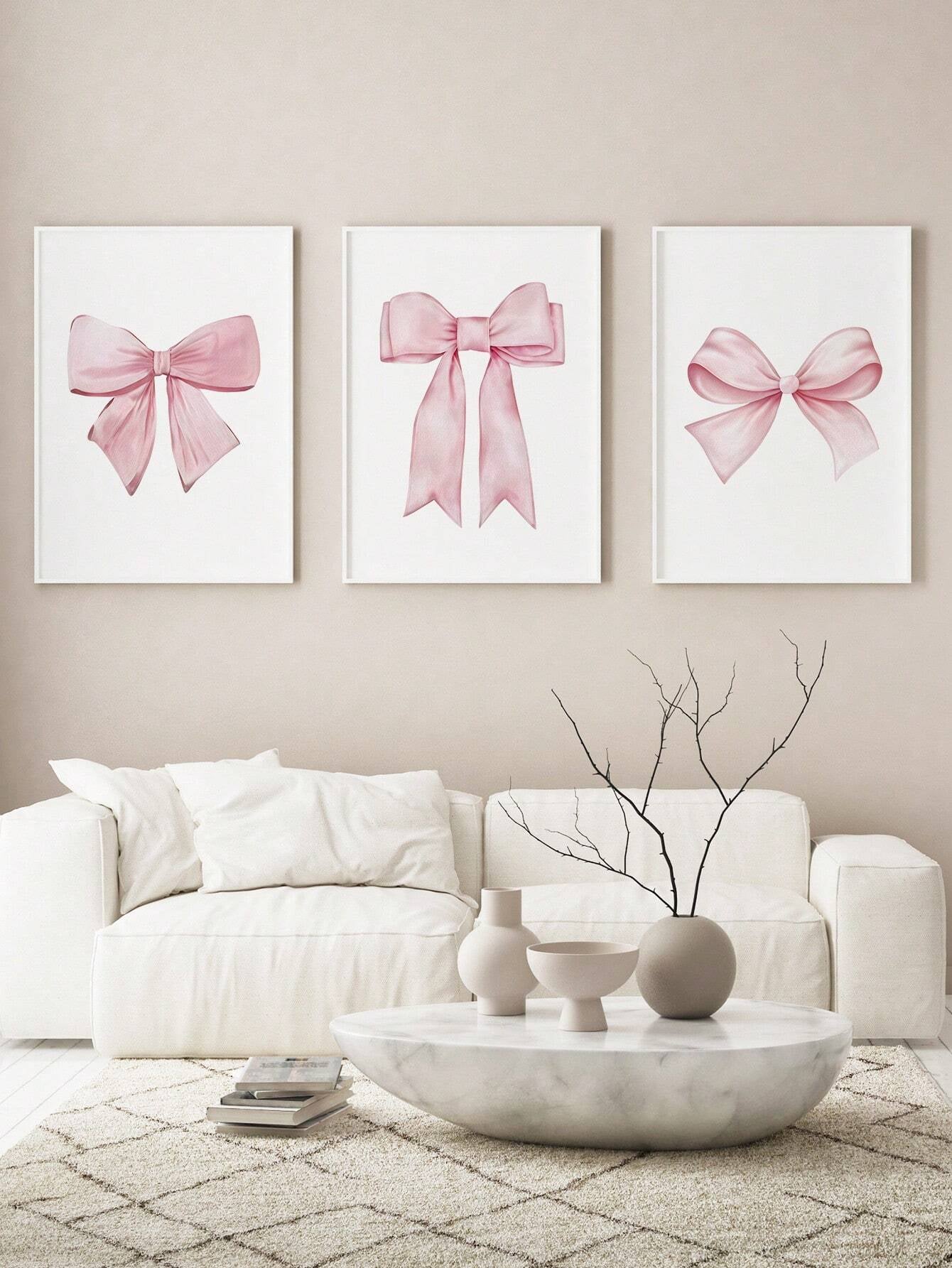 3 Pieces Pink Bows Wall Decor Cream Style Decorative Painting Aesthetic Canvas Hanging Picture Nordic Print Picture Girls Bedroom Apartment Living Room Birthday Present Decor No Frame Gifts Graduation