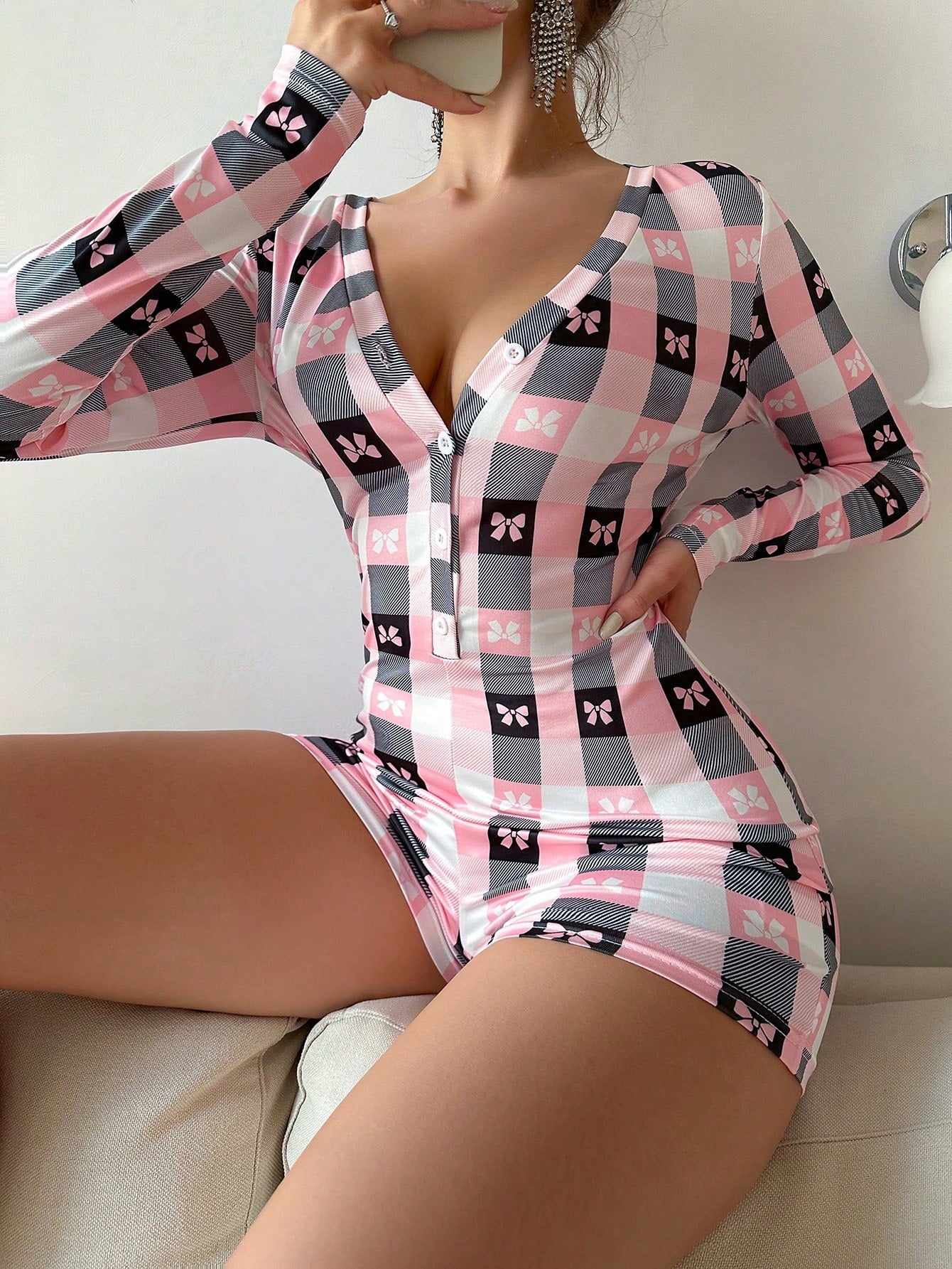Women'S Plaid Bow Print Pajama Romper Bow Tie