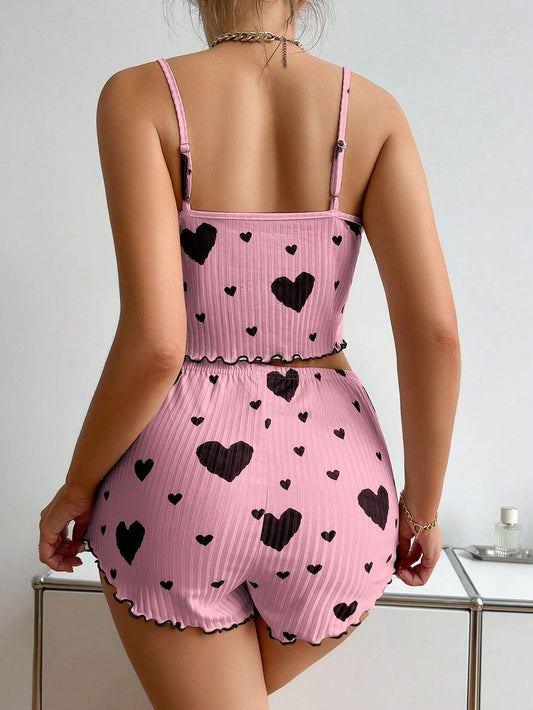 Women Home Wear Heart Print Cami Top and Shorts Pajama Set