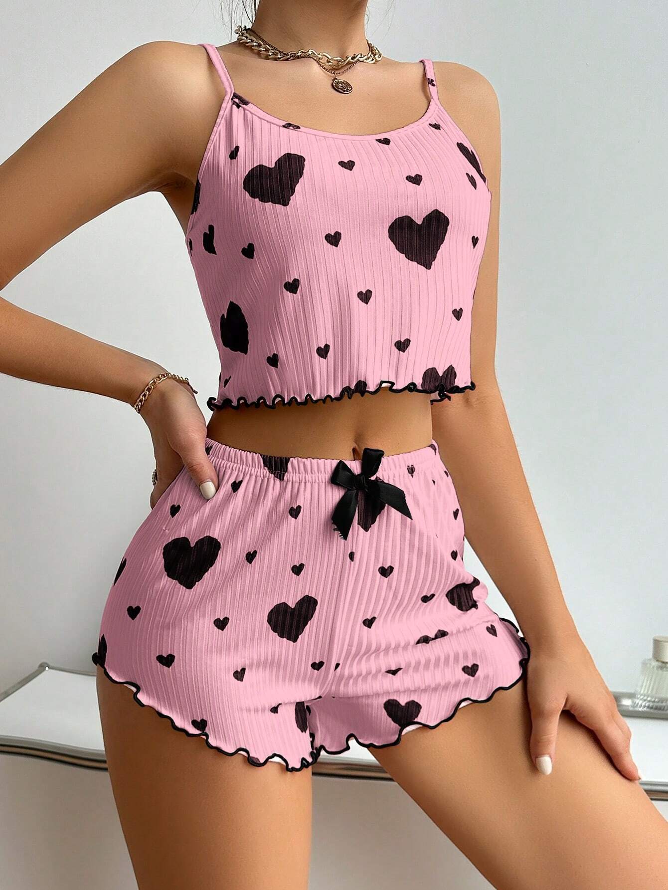 Women Home Wear Heart Print Cami Top and Shorts Pajama Set