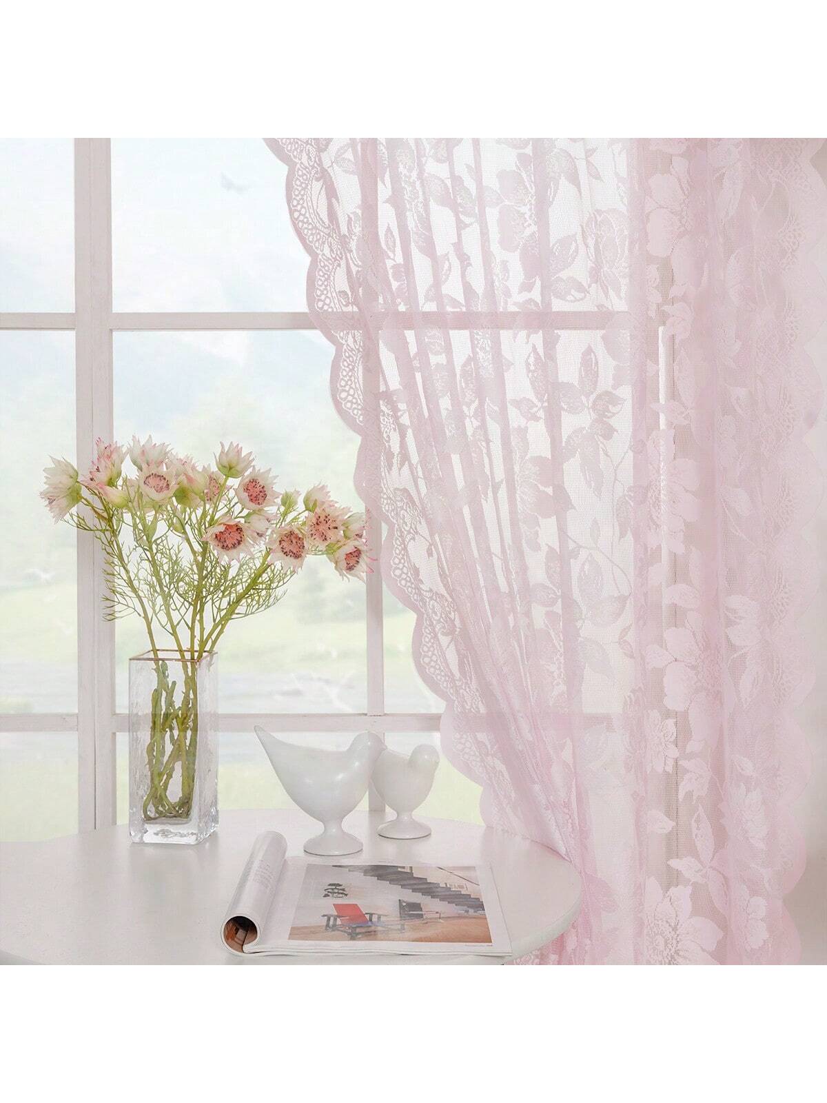 2Pcs LOTTIE Floral Pattern Pink Lace Sheer Curtains, Rod Pocket, Light Filtering, Elegant, No Ironing Needed, Machine Washable, Suitable for Living Room, Study, Dining Room, Kitchen, Wardrobe Decoration