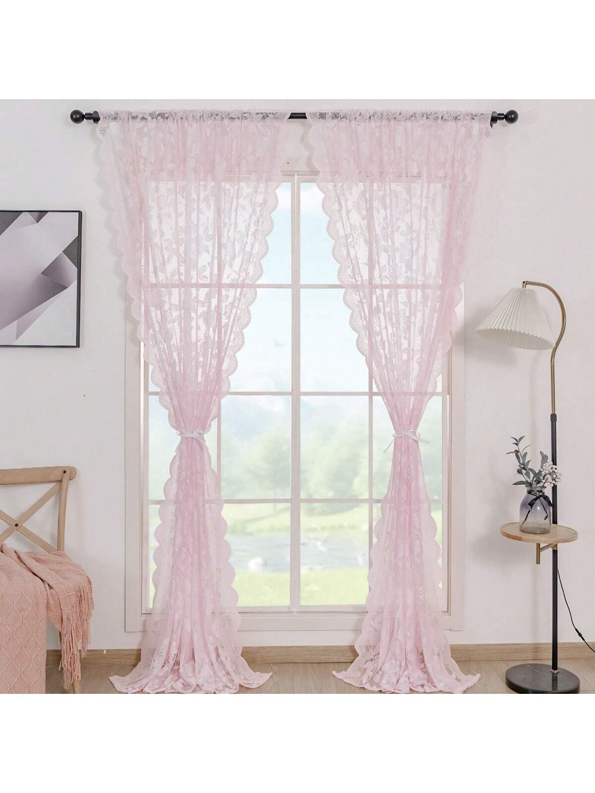 2Pcs LOTTIE Floral Pattern Pink Lace Sheer Curtains, Rod Pocket, Light Filtering, Elegant, No Ironing Needed, Machine Washable, Suitable for Living Room, Study, Dining Room, Kitchen, Wardrobe Decoration