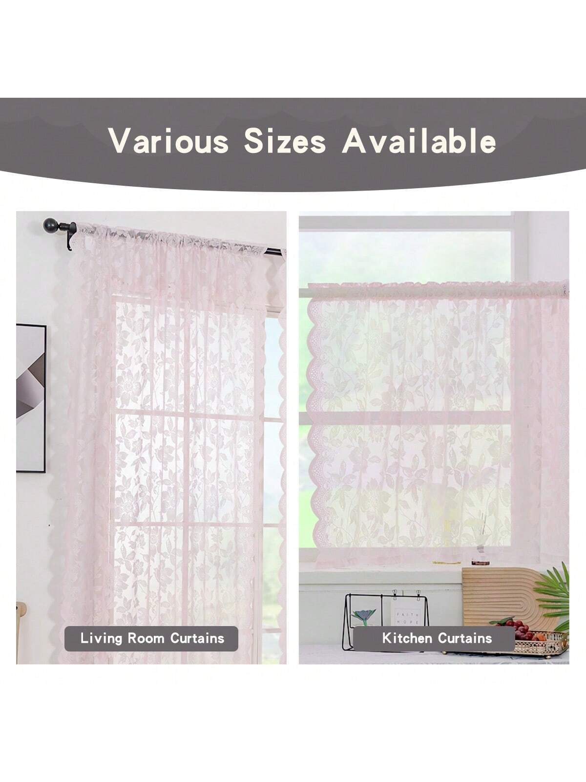 2Pcs LOTTIE Floral Pattern Pink Lace Sheer Curtains, Rod Pocket, Light Filtering, Elegant, No Ironing Needed, Machine Washable, Suitable for Living Room, Study, Dining Room, Kitchen, Wardrobe Decoration