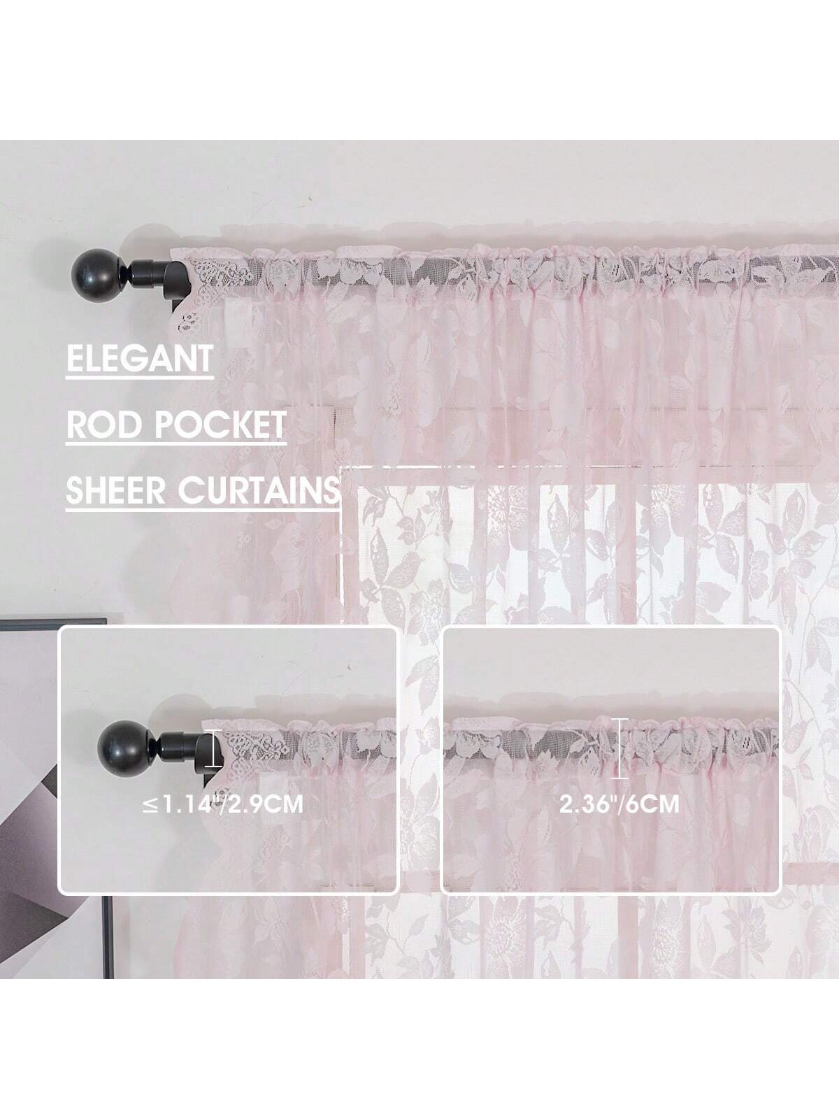 2Pcs LOTTIE Floral Pattern Pink Lace Sheer Curtains, Rod Pocket, Light Filtering, Elegant, No Ironing Needed, Machine Washable, Suitable for Living Room, Study, Dining Room, Kitchen, Wardrobe Decoration