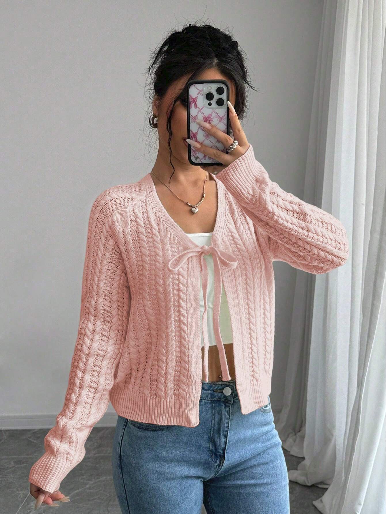 Chiquease French Casual Versatile Wheat Ear Textured Bowknot Front Long Sleeve Pullover Cardigan for Women,Long Sleeve Tops