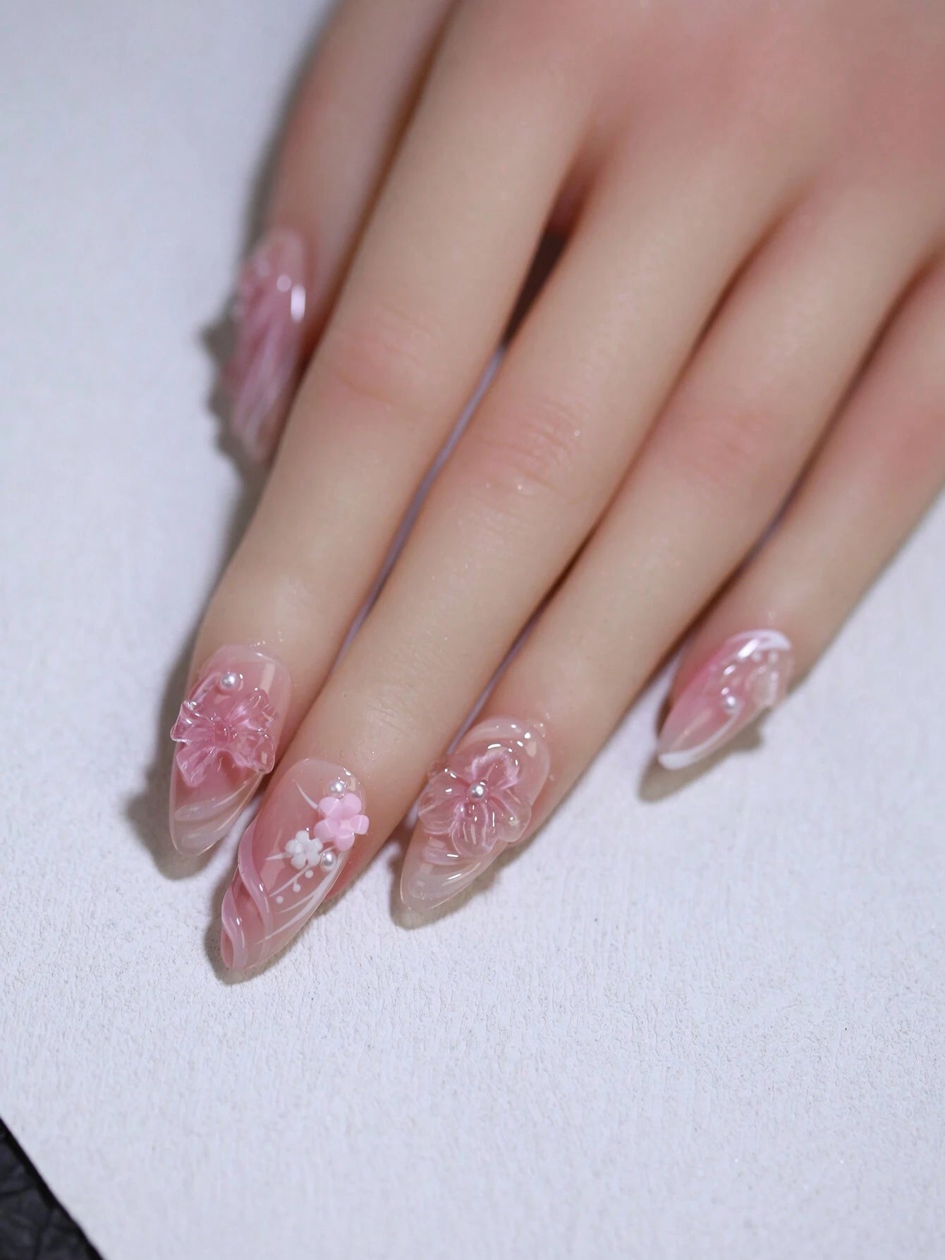 3D Floral Nail Decoration Ombre Rose and Nude Color French Style Manual Nails 100% Handmade Press on Nails Almond 10Pcs Fake Nail Tips Reusable DIY Nail Art Design Nail Products for Women and Girls