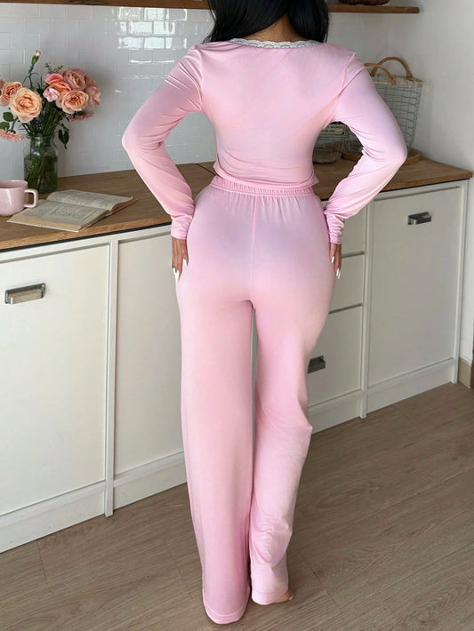 2Pcs Women'S round Neck Bowknot INS Style Pajama Set