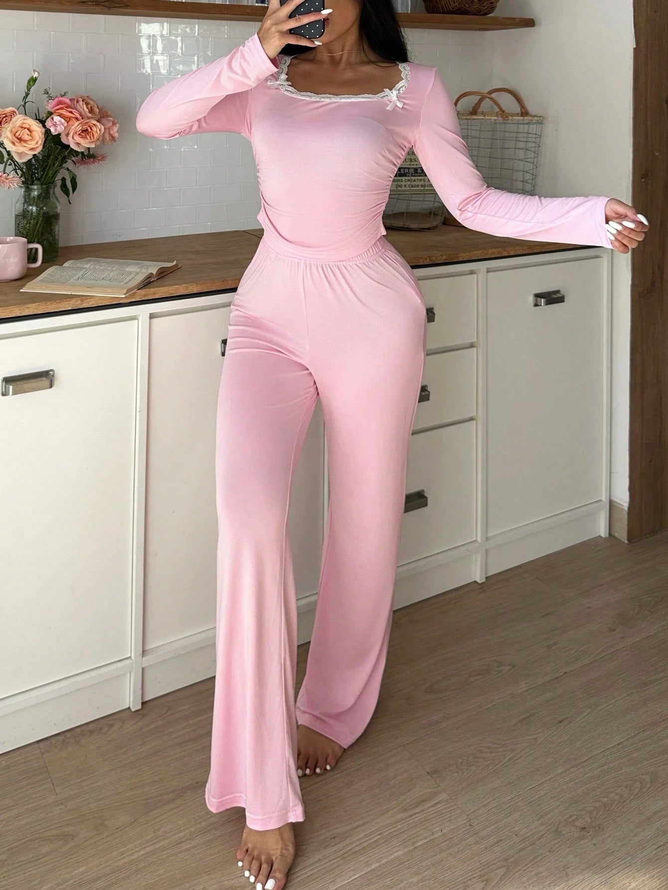 2Pcs Women'S round Neck Bowknot INS Style Pajama Set