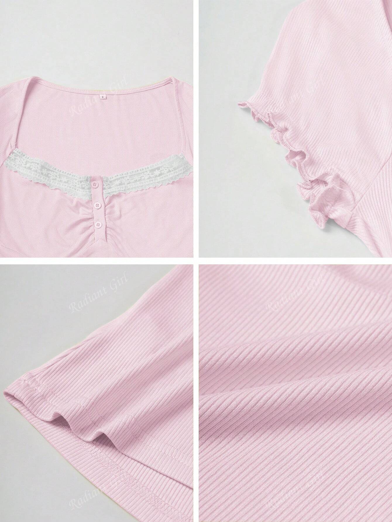 Babehome Summer Women Y2K Sweet Casual Simple Preppy Slim Solid Color Short Sleeve Square Collar Lace Corset