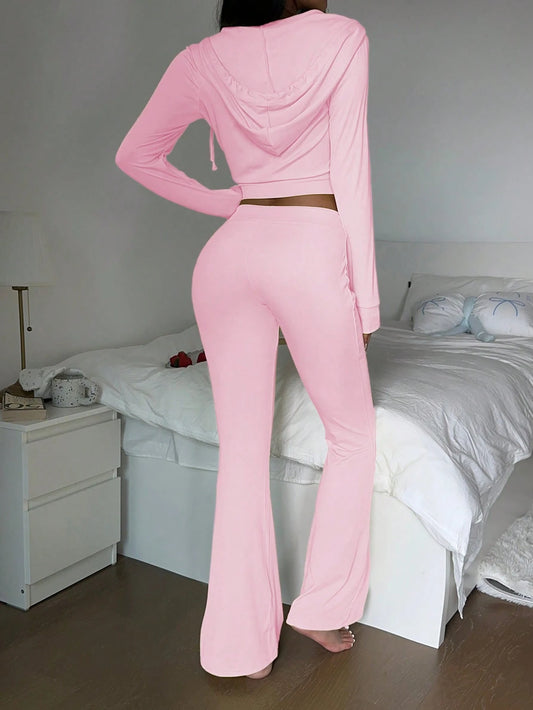 INAWLY Women Solid Color Hoodie and Flared Pants 2 Pieces Set