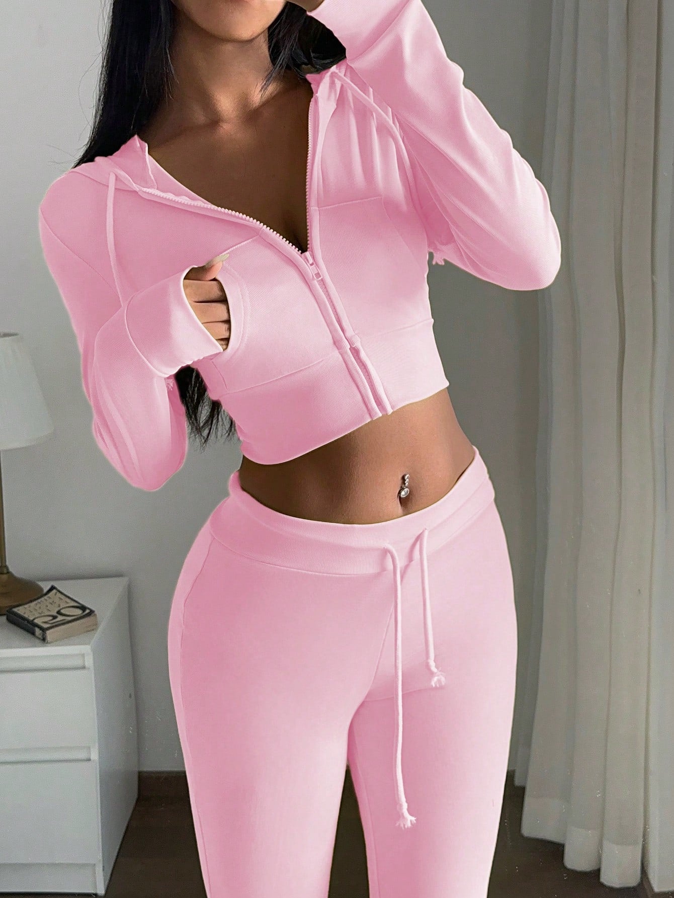 INAWLY Women Solid Color Hoodie and Flared Pants 2 Pieces Set