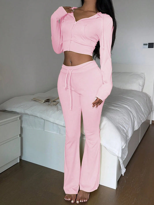 INAWLY Women Solid Color Hoodie and Flared Pants 2 Pieces Set