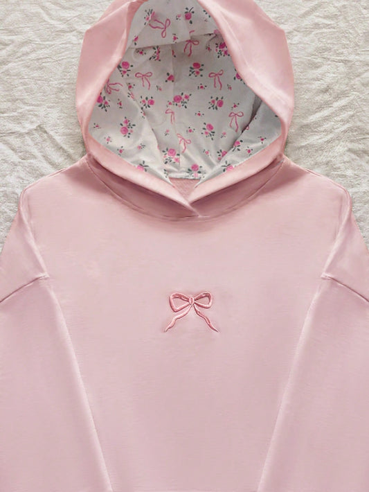 Flirla Grey Loose Casual Hooded Sweatshirt with Butterfly Embroidery and Ditsy Floral, Suitable for Autumn/Winter