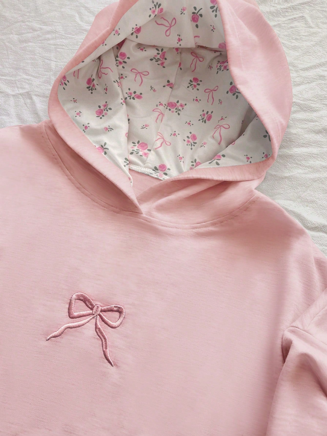 Flirla Grey Loose Casual Hooded Sweatshirt with Butterfly Embroidery and Ditsy Floral, Suitable for Autumn/Winter