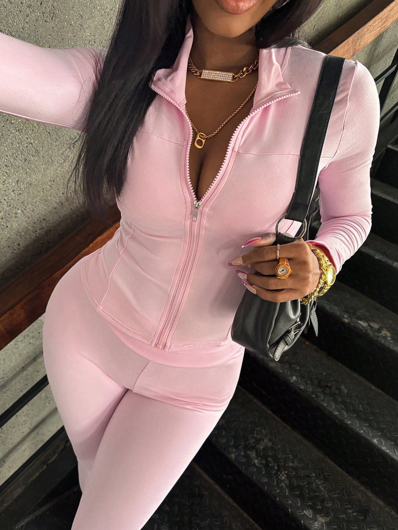 INAWLY Solva 2Pcs Women'S Zipper Long Sleeve Top and Solid Color Pants Set