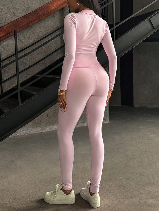 INAWLY Solva 2Pcs Women'S Zipper Long Sleeve Top and Solid Color Pants Set