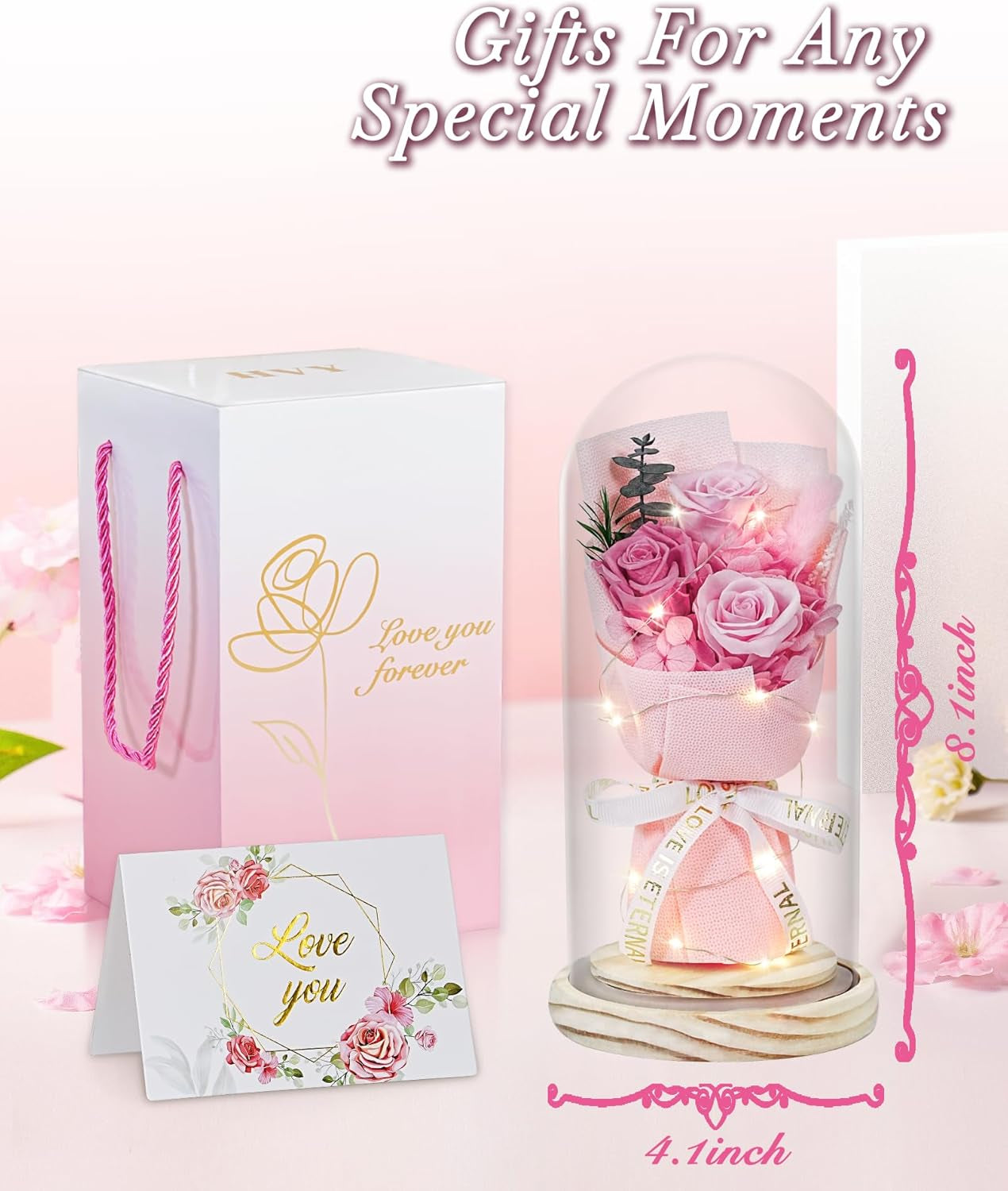 Flowers Gifts for Her Mom Women Preserved Forever Fresh Flowers Bouquet with Blue and White Roses in Glass Dome Suitable for All Occasions Valentines Mothers Day Anniversary Thanksgiving Birthday