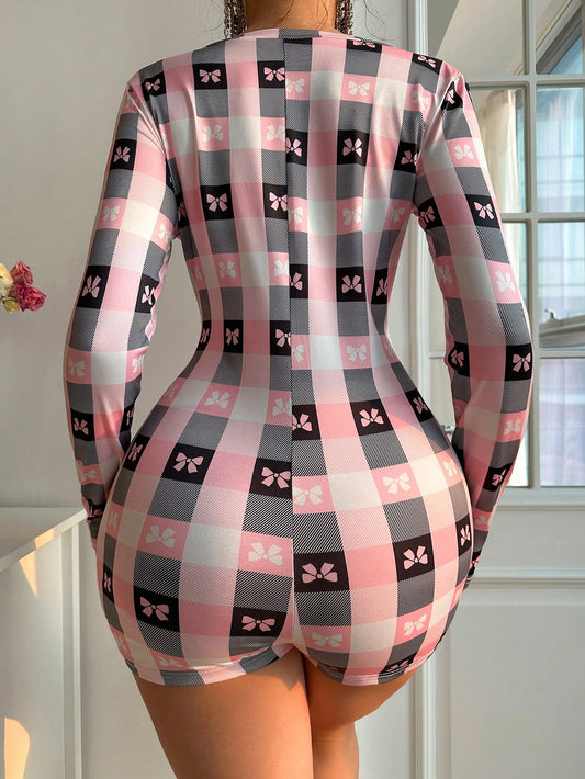 Women'S Plaid Bow Print Pajama Romper Bow Tie