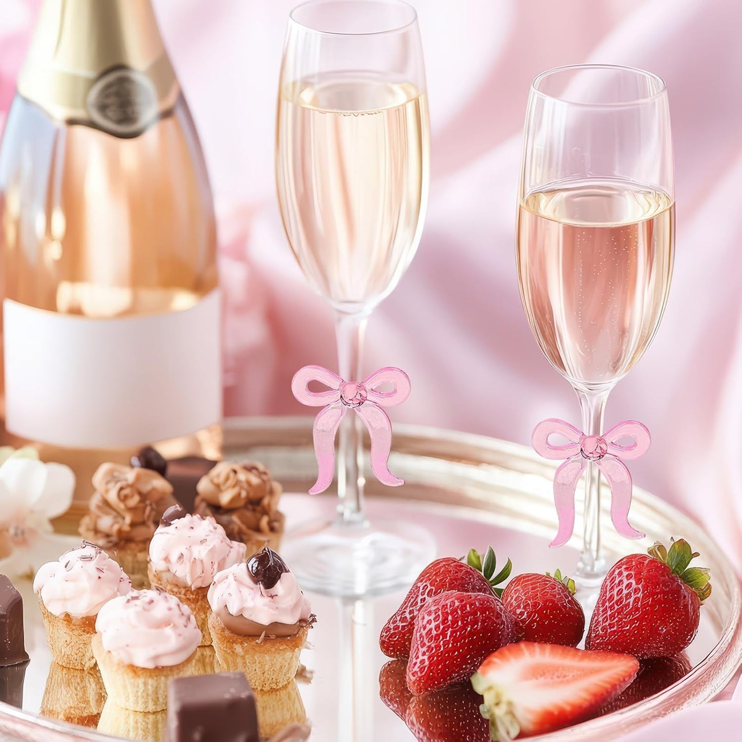 Pink Bow Champagne Glasses Set of 2 Toasting Champagne Flutes Clear Glass Cocktail Wine Cups for Home Bar Wedding Bridal Shower Bachelorette Party