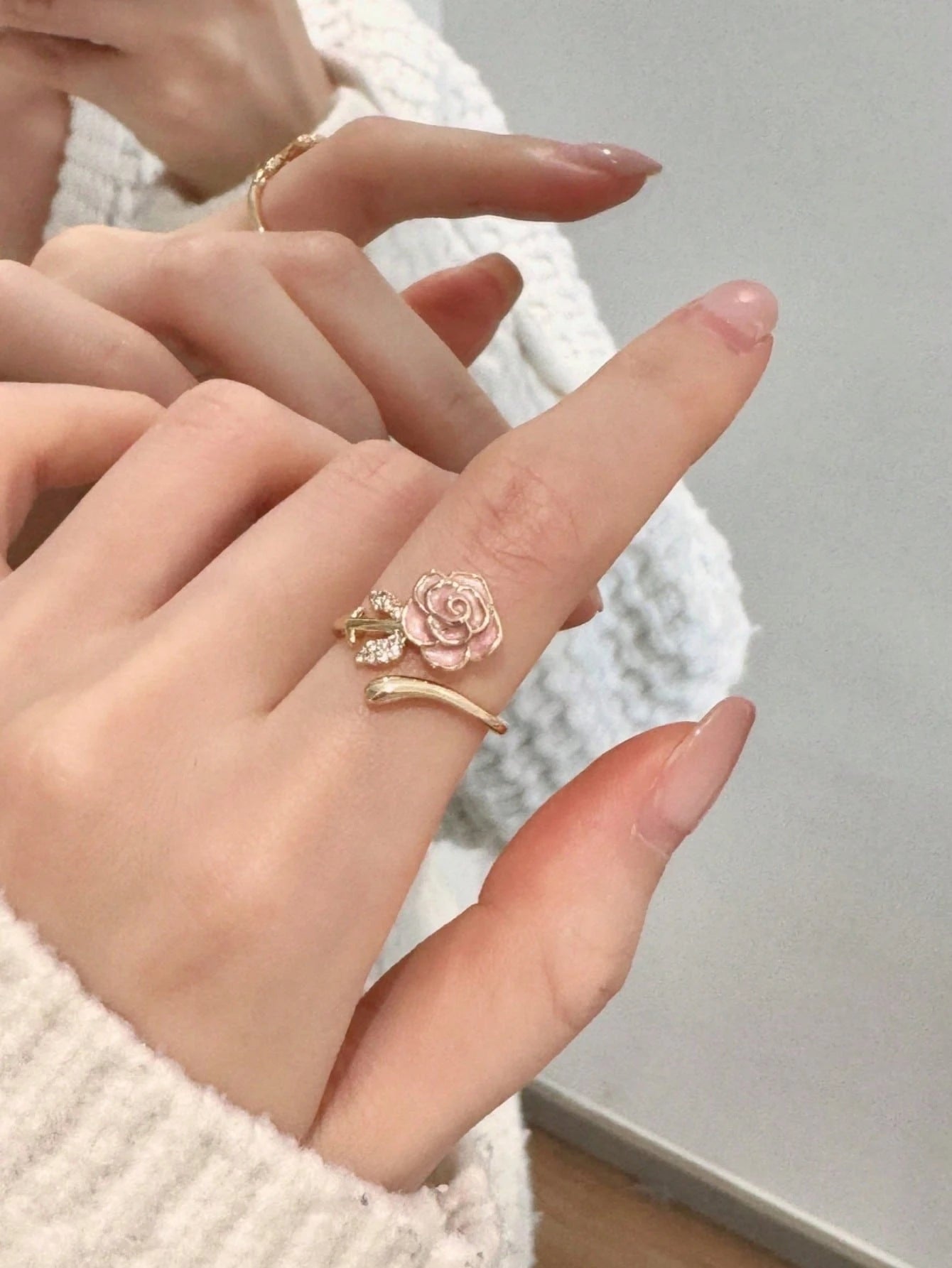 1Pc French Pink Zirconia Camellia Flower Open Ring