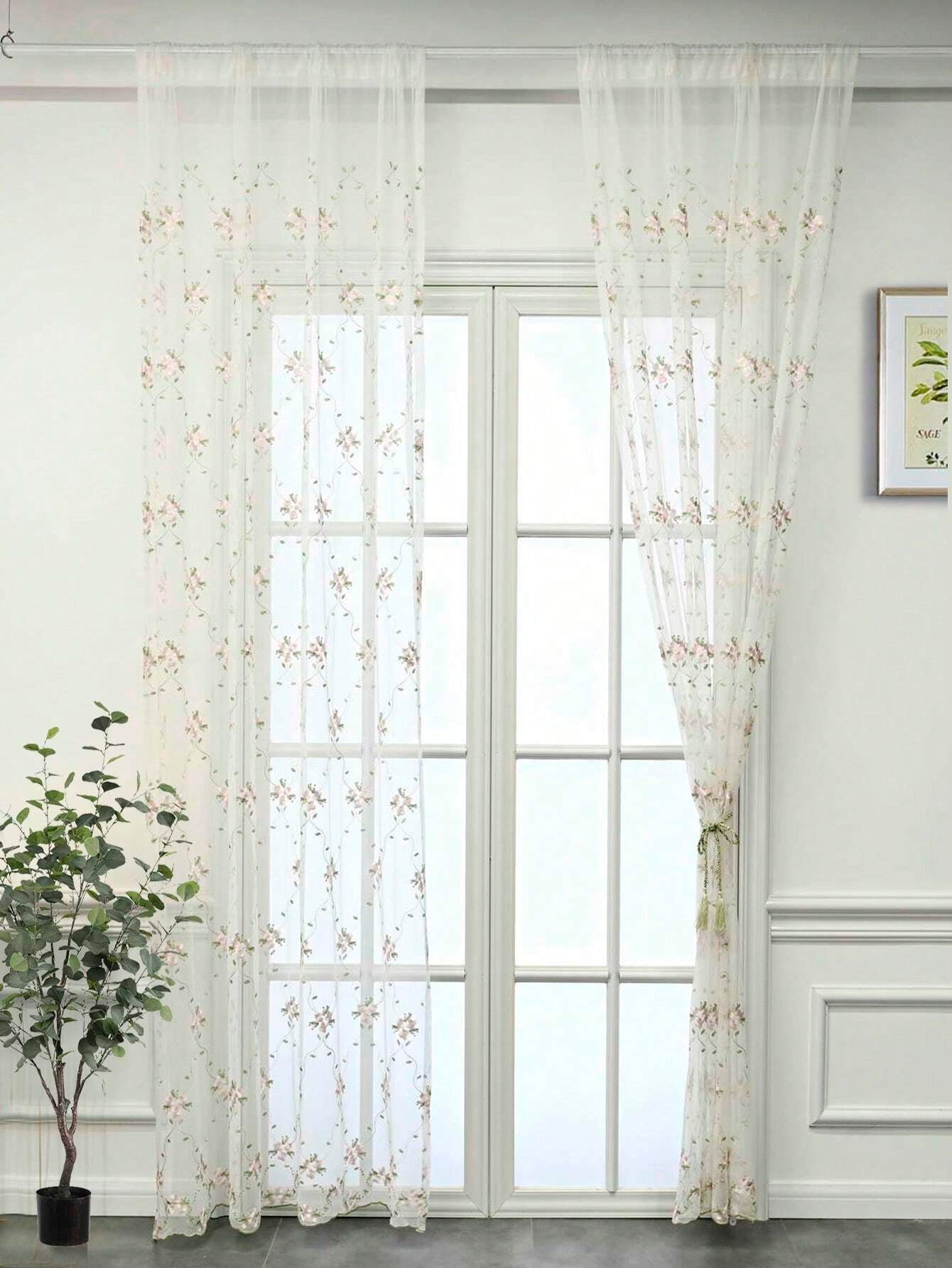 1Pc Pastoral Little Pink Flower Embroidery Sheer Curtains for Daughters Bedroom Vintage Floral Lace Voile Drapes Window Treatment Nursery Decor