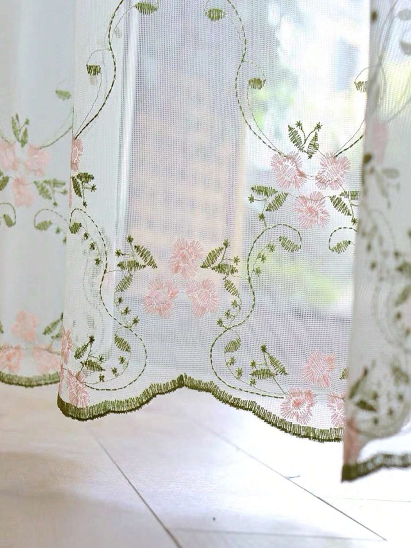 1Pc Pastoral Little Pink Flower Embroidery Sheer Curtains for Daughters Bedroom Vintage Floral Lace Voile Drapes Window Treatment Nursery Decor