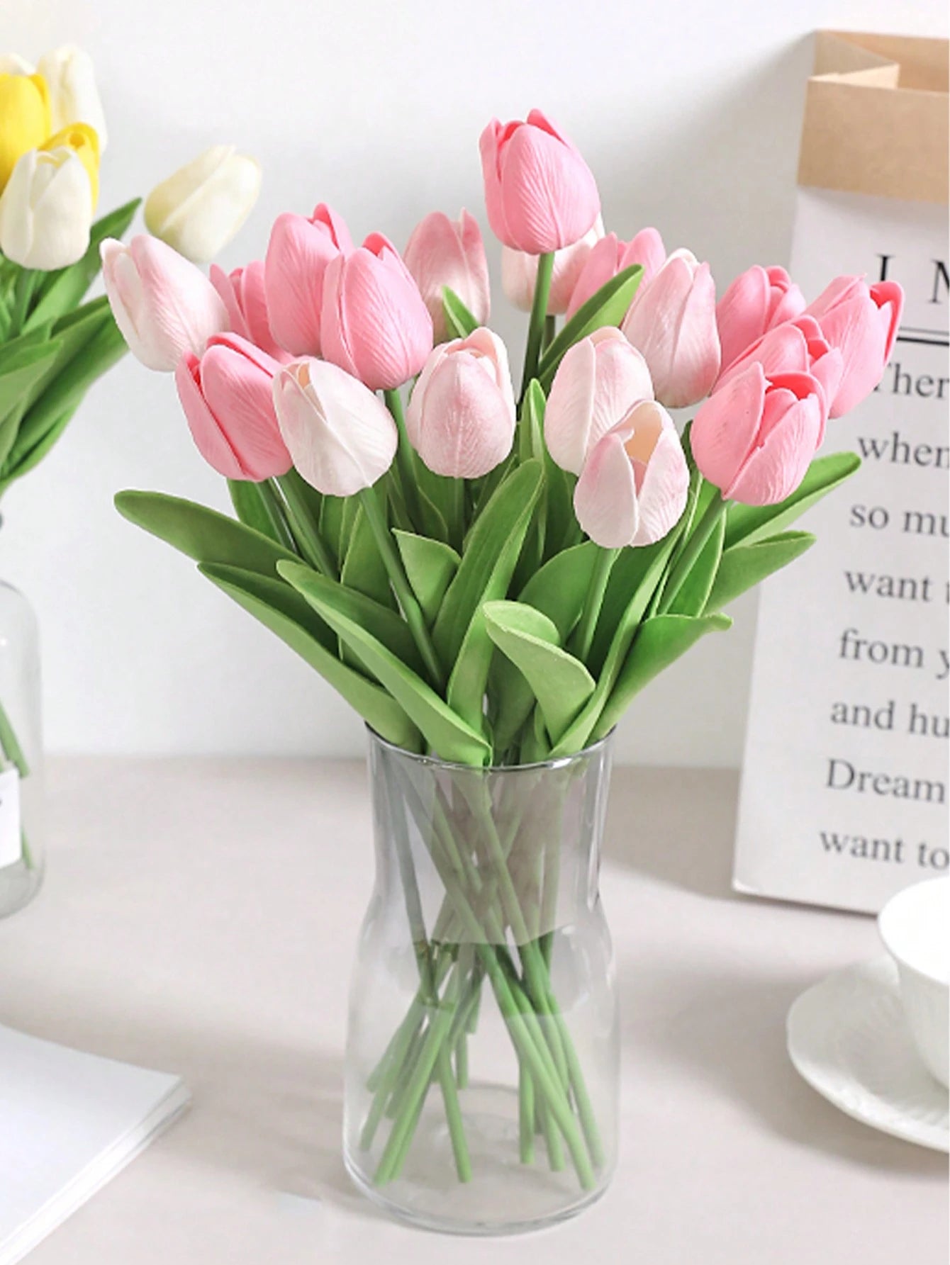 10Pcs-2 Pinks Tulip Artificial Flowers for Decoration, Artificial Flowers Tulip Real Touch Arrangement Bouquet, Suitable for Wedding Engagement Bride Birthday Home Office Party, Artificial Flowers Bulk Mother'S Day Gift, Indoor and Outdoor Room Decoration,Spring Decoration,Home Kitchen Decor Wedding Bouquet Decorations Office Floral Arrangements(Pink) Easter