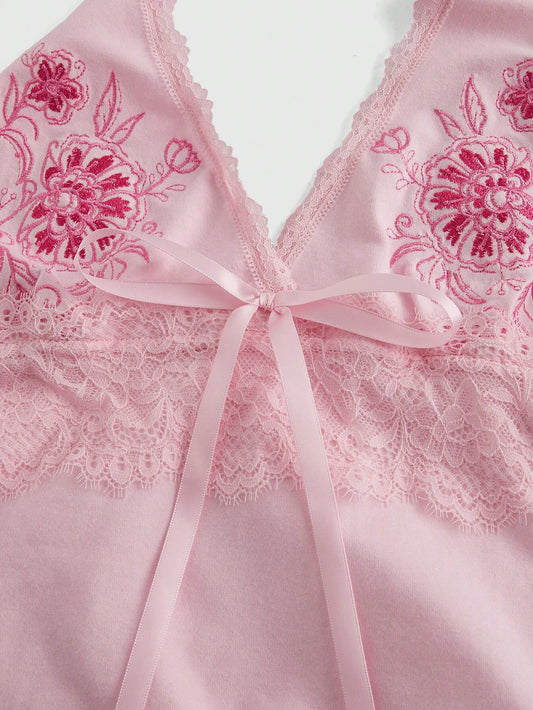 ROMWE Hippie Women'S Y2K Floral Print & Contrast Lace Halter Neck Tie-Front Tank Top