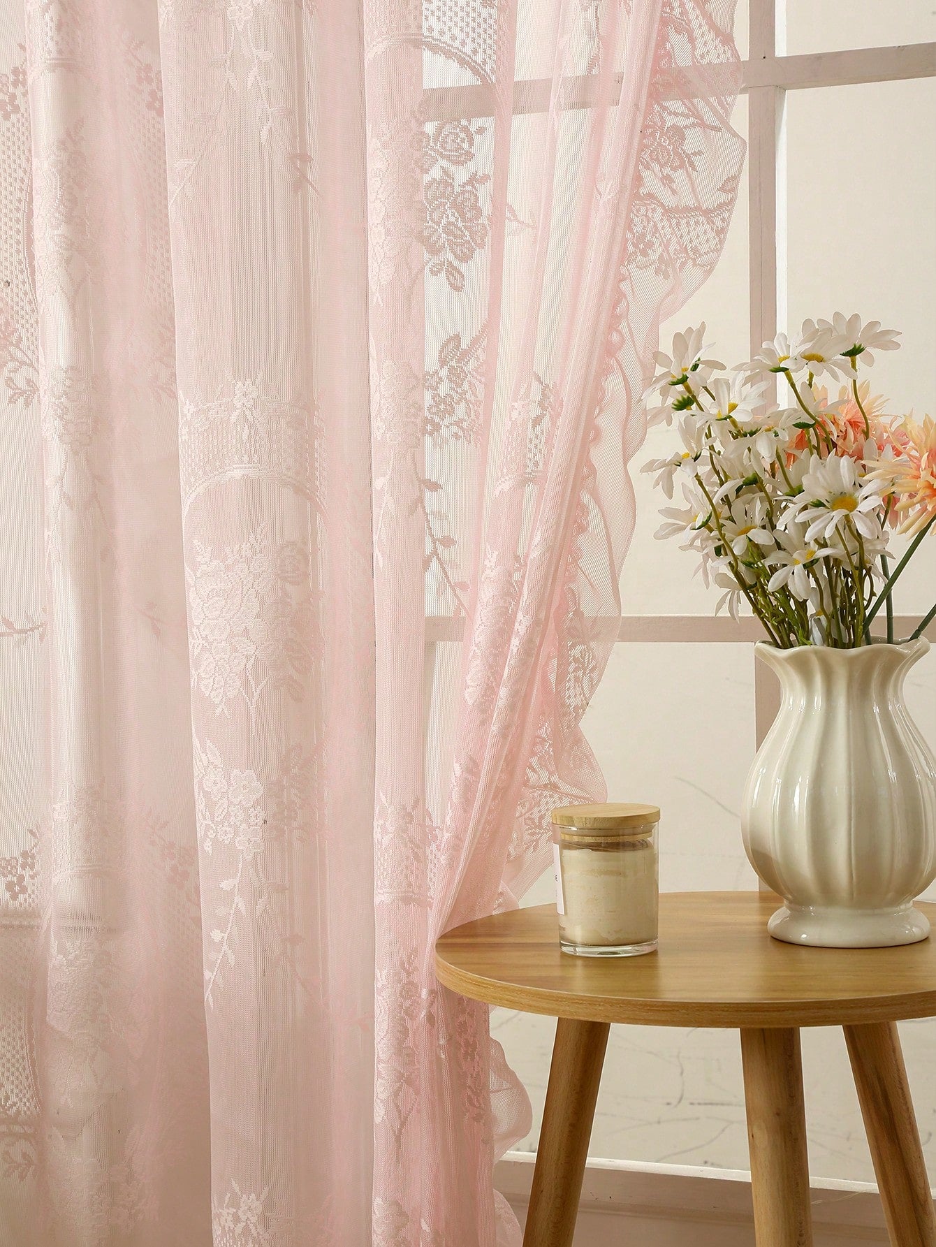 1Pc Pink Circle Eyelet Voile Curtain, French Style Elegant with Ruffle Edge, Suitable for Bay Window, Living Room, Bedroom, Office, Kitchen, Study Room, Home Decor