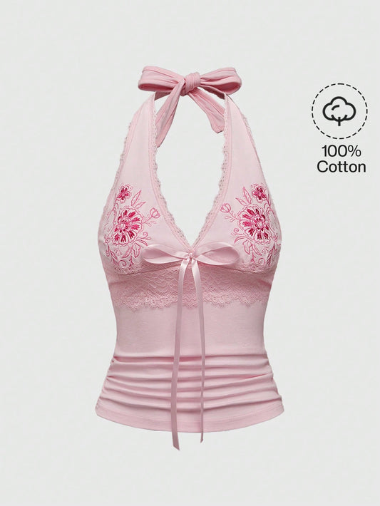 ROMWE Hippie Women'S Y2K Floral Print & Contrast Lace Halter Neck Tie-Front Tank Top