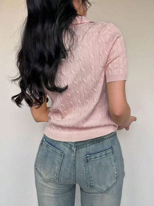Flirla Casual Twist Rope Polo Collar Solid Color Short Sleeve Knit Top