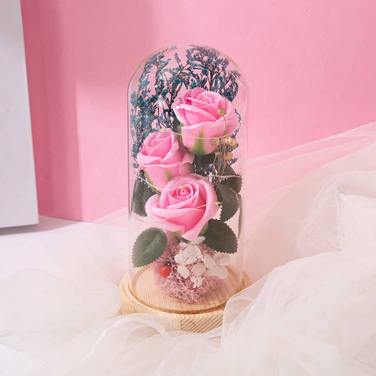 Rose Lamp Simulated Anti-Fading Glass Eternal Artificial Flower Sparkling Light Decor Valentine'S Day Accessories-Pink