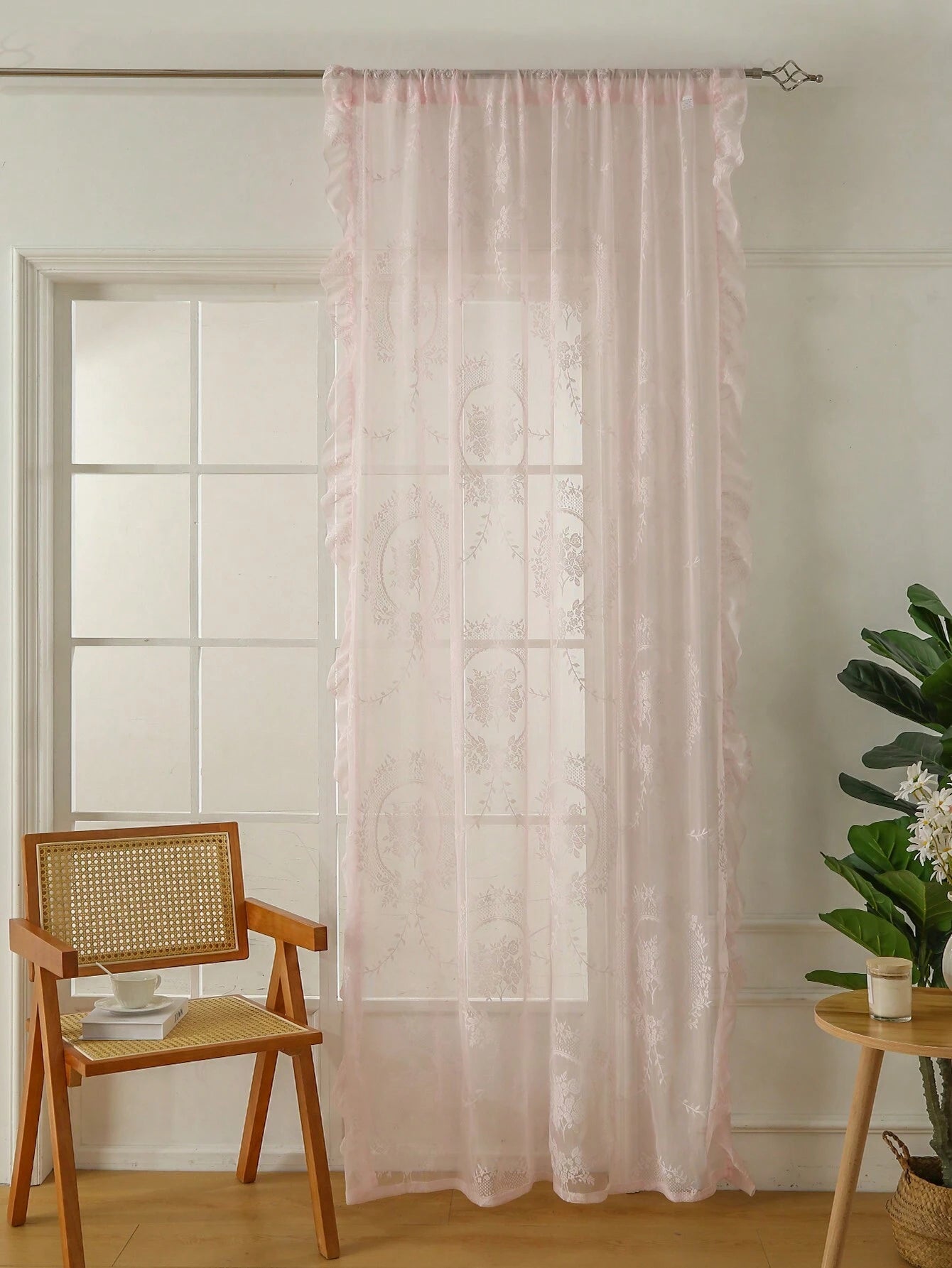 1Pc Pink Circle Eyelet Voile Curtain, French Style Elegant with Ruffle Edge, Suitable for Bay Window, Living Room, Bedroom, Office, Kitchen, Study Room, Home Decor
