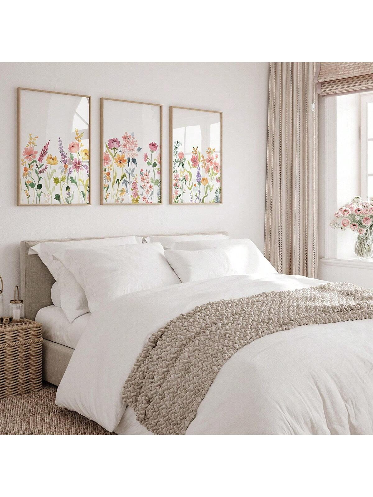 3Pcs/Set Floral Watercolor Print , Wildflower Field Wall Art, Printable Colorful Flower Artwork , Canvas Posters, Canvas Wall Decor for Home, Living Room, Bed Room,Wall Art Gifts Birthday Graduation