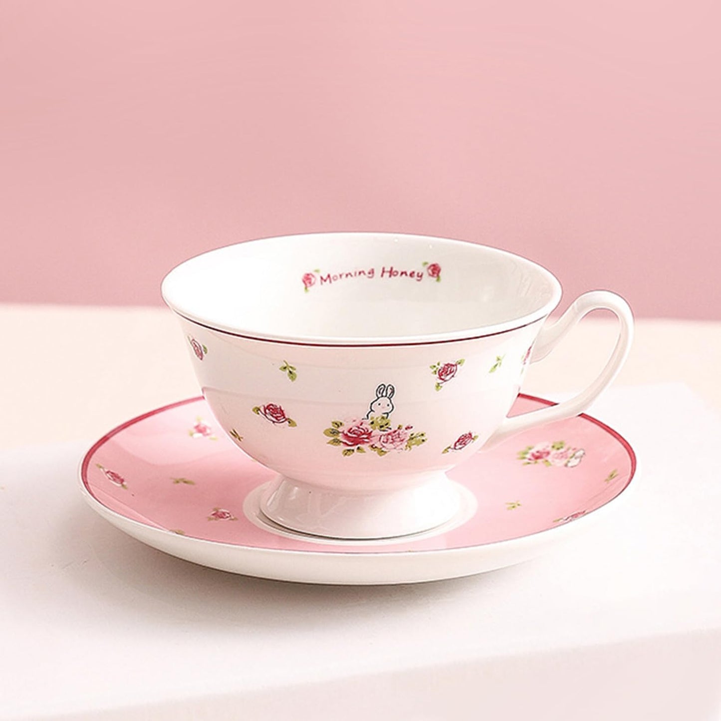 Cute Ceramic Cups with Pink Saucer, 6Oz Rose Rabbit Coffee Mug, Single Elegant Tea Cup Set for Women Gift