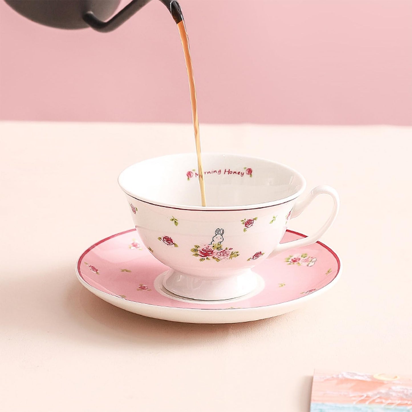 Cute Ceramic Cups with Pink Saucer, 6Oz Rose Rabbit Coffee Mug, Single Elegant Tea Cup Set for Women Gift