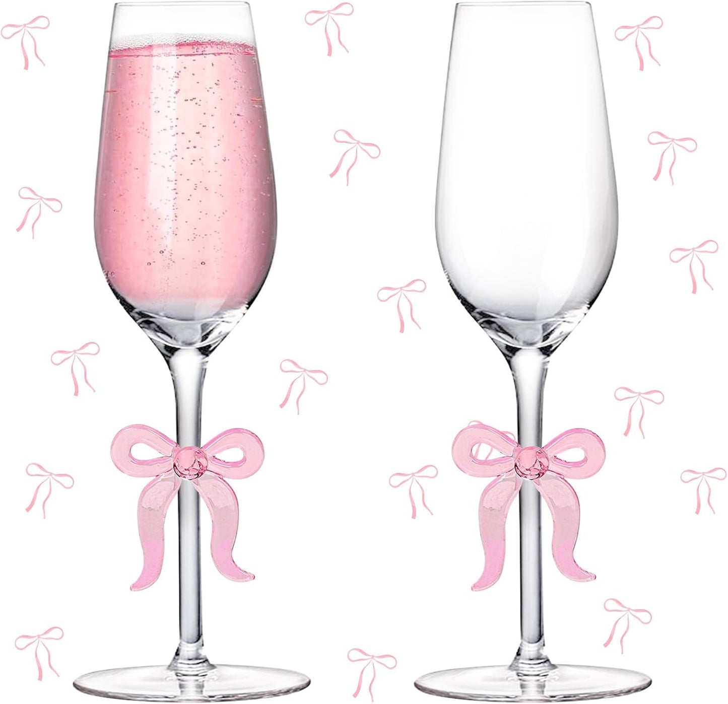 Pink Bow Champagne Glasses Set of 2 Toasting Champagne Flutes Clear Glass Cocktail Wine Cups for Home Bar Wedding Bridal Shower Bachelorette Party