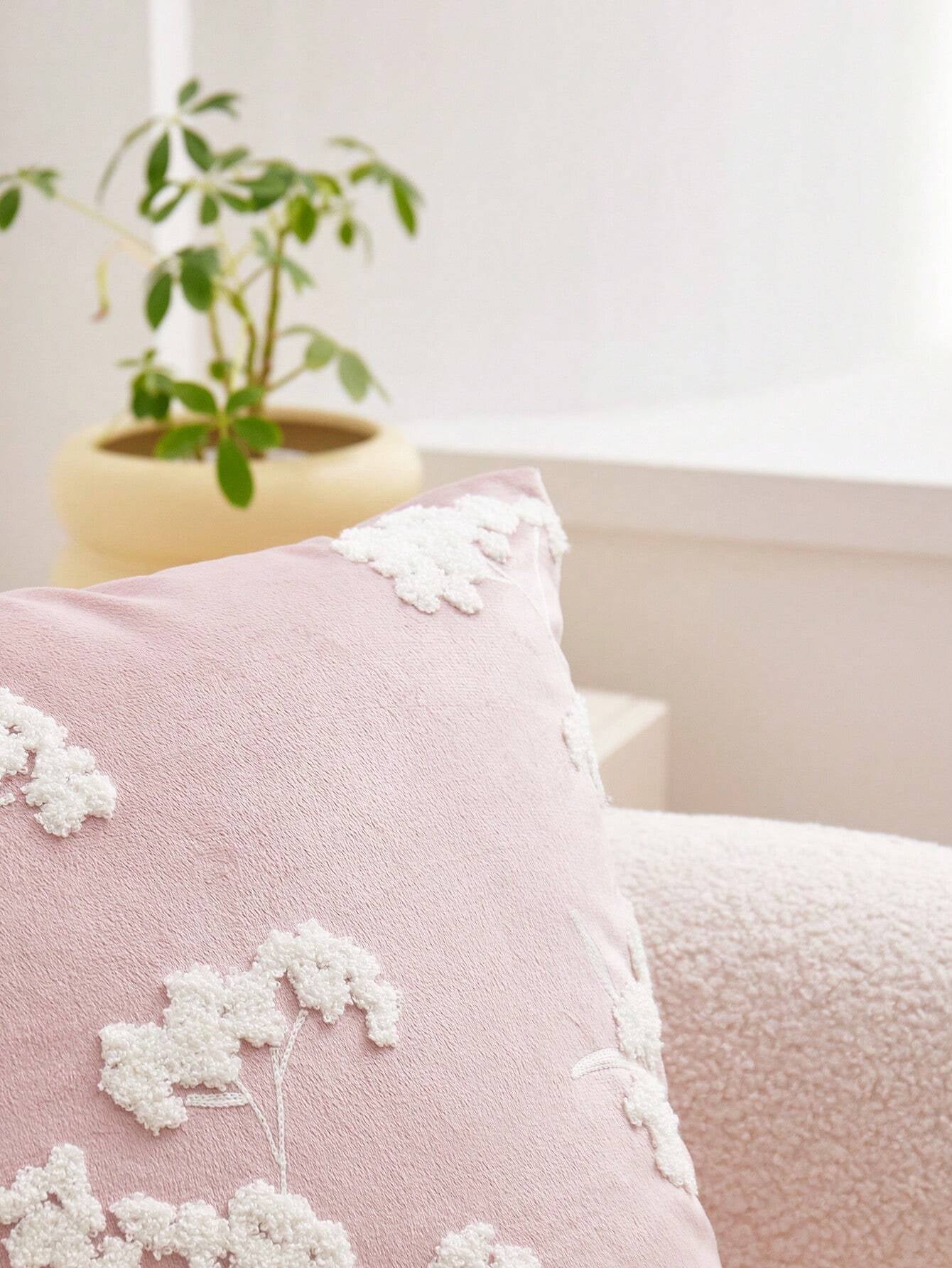 1Pc Pink Floral Embroidered Pillowcase, Suitable for Home Decoration, All-Season Decorative Pillow Cover