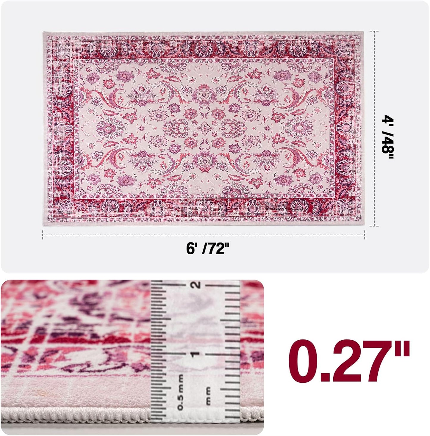 Area Rugs 4X6 Washable Non-Slip Kid & Pet Friendly Living Room Carpets Vintage Floral Foldable Thin Low Pile Rug for Bedroom Kitchen Dining Room Pink