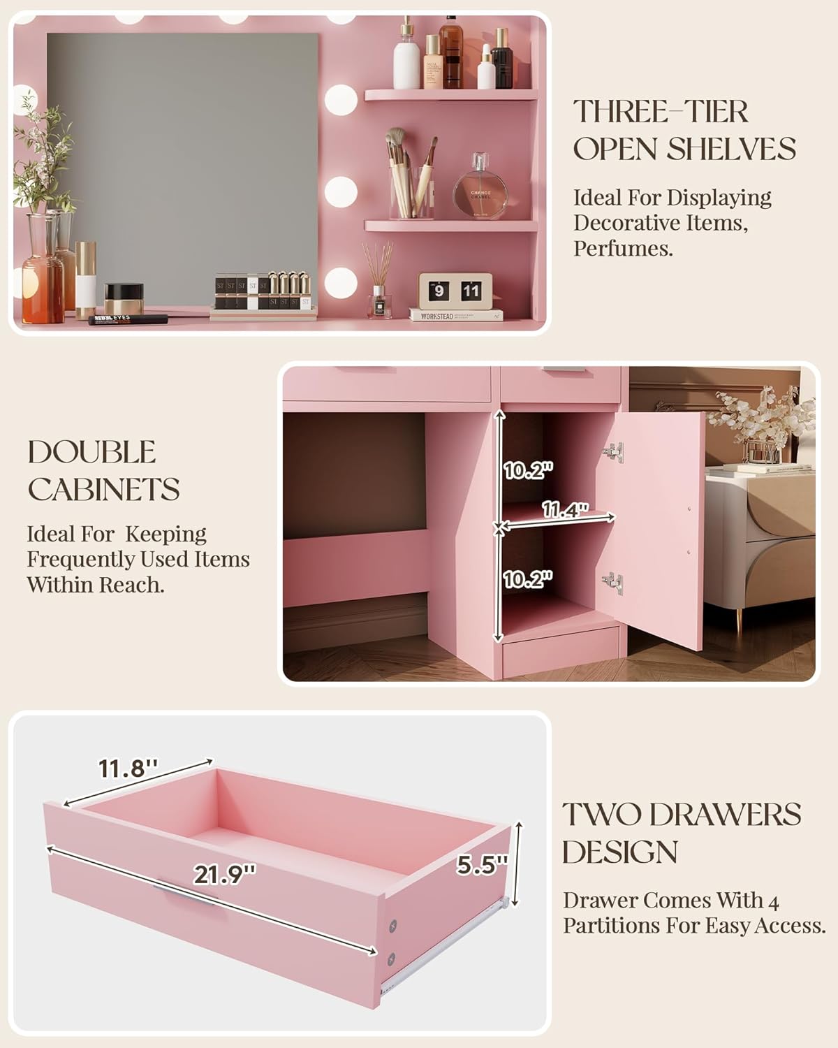 Vanity with Lights, Makeup Vanity with Mirror, 3 Lighting Modes, for Bedroom, Pink by Boahaus