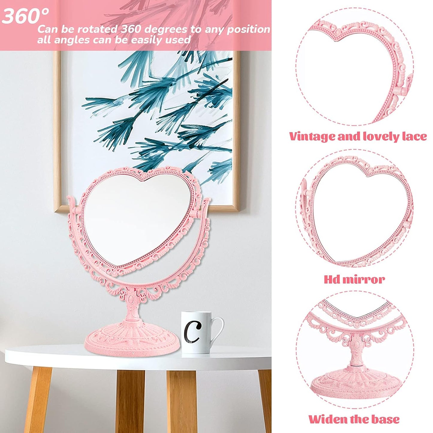 Heart Shaped Mirror Double Sided Dresser Coquette Room Decor Vintage Makeup Cosmetic Mirror for Dressing Bathroom Bedroom(Pink)