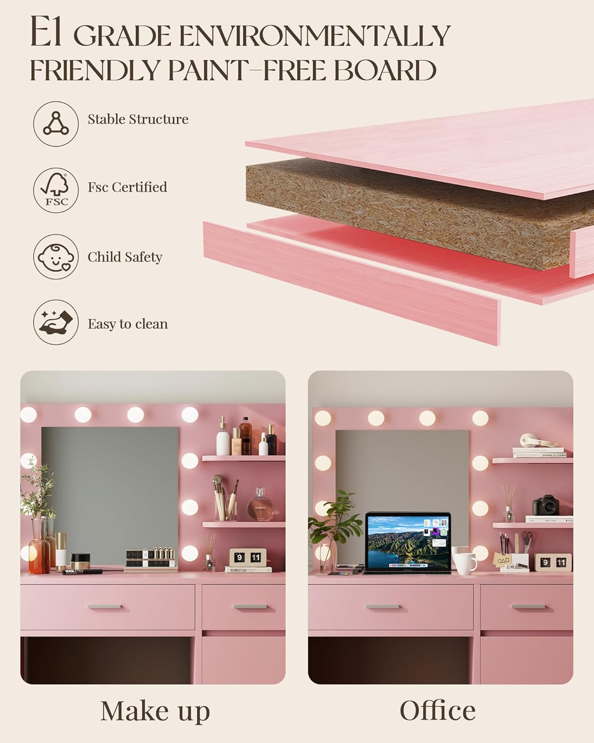 Vanity with Lights, Makeup Vanity with Mirror, 3 Lighting Modes, for Bedroom, Pink by Boahaus
