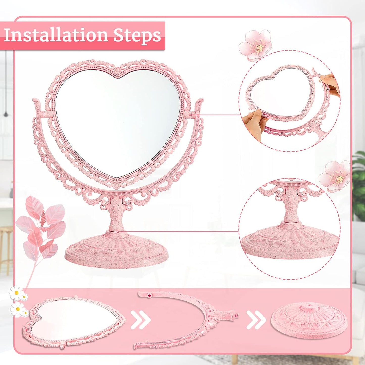 Heart Shaped Mirror Double Sided Dresser Coquette Room Decor Vintage Makeup Cosmetic Mirror for Dressing Bathroom Bedroom(Pink)