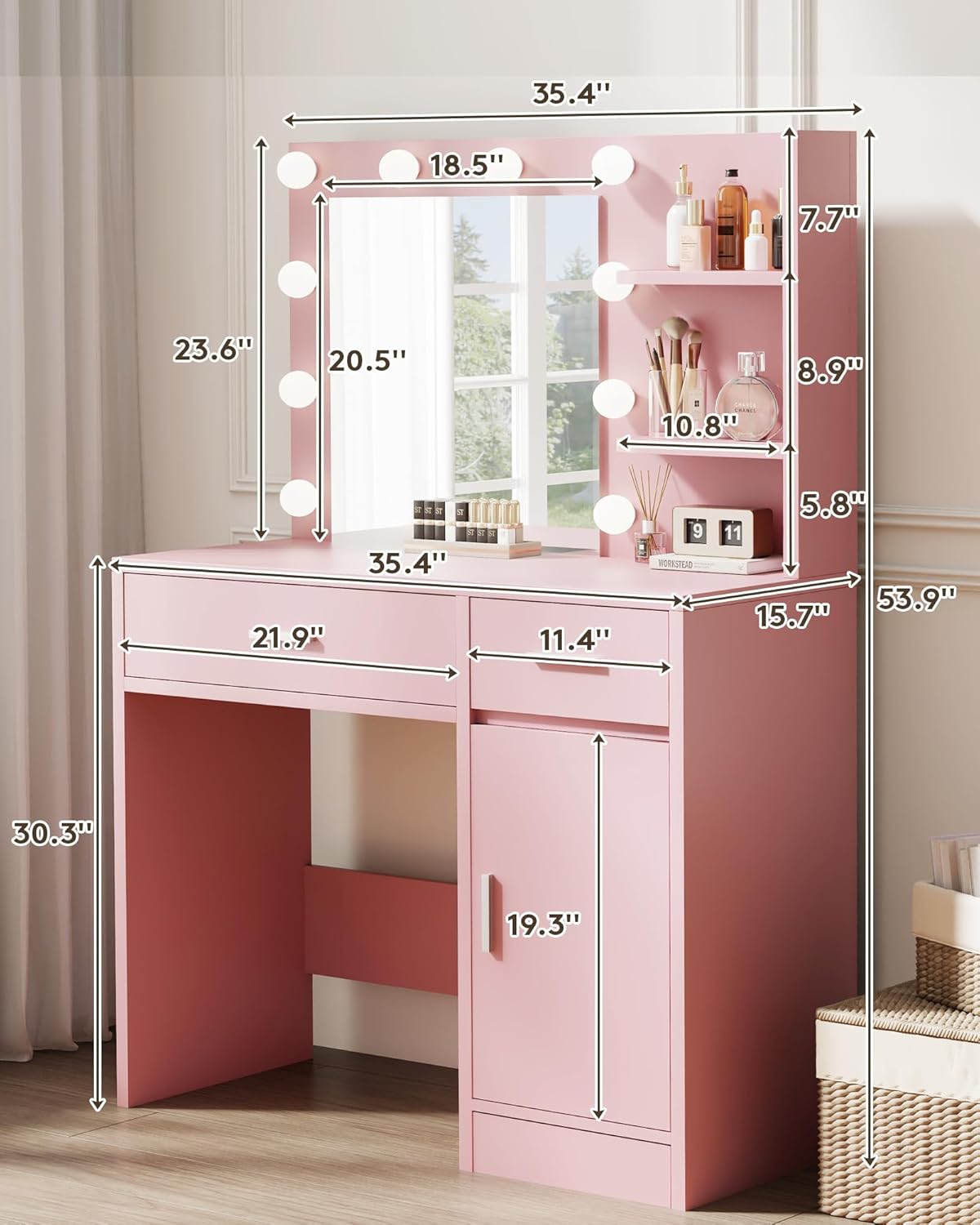 Vanity with Lights, Makeup Vanity with Mirror, 3 Lighting Modes, for Bedroom, Pink by Boahaus