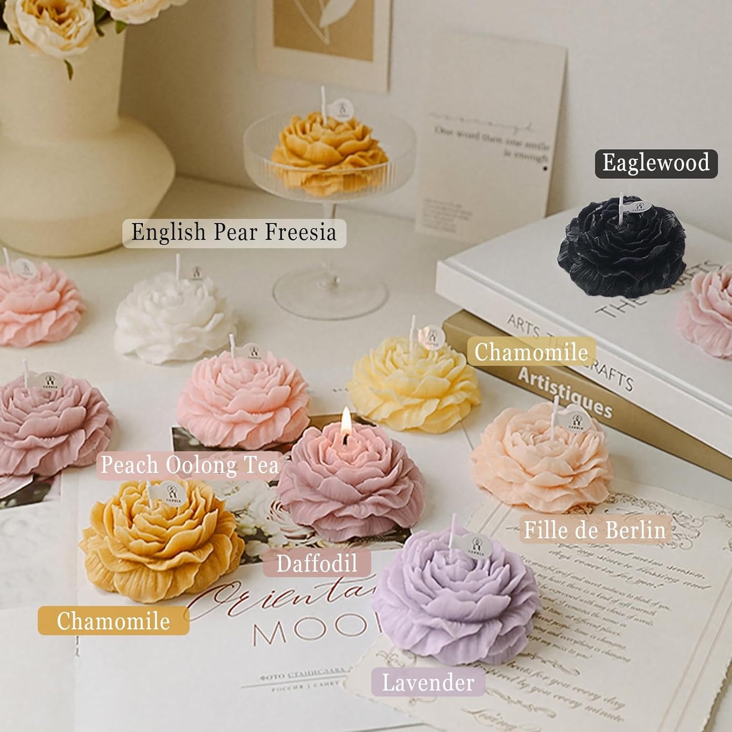 Peony Candles Gifts for Women, Soy Wax Aromatherapy Candle, Room Decor Cute Flower Shaped Scented Candles, Aesthetic Decorative (Peach Oolong Tea, 3 Inch)