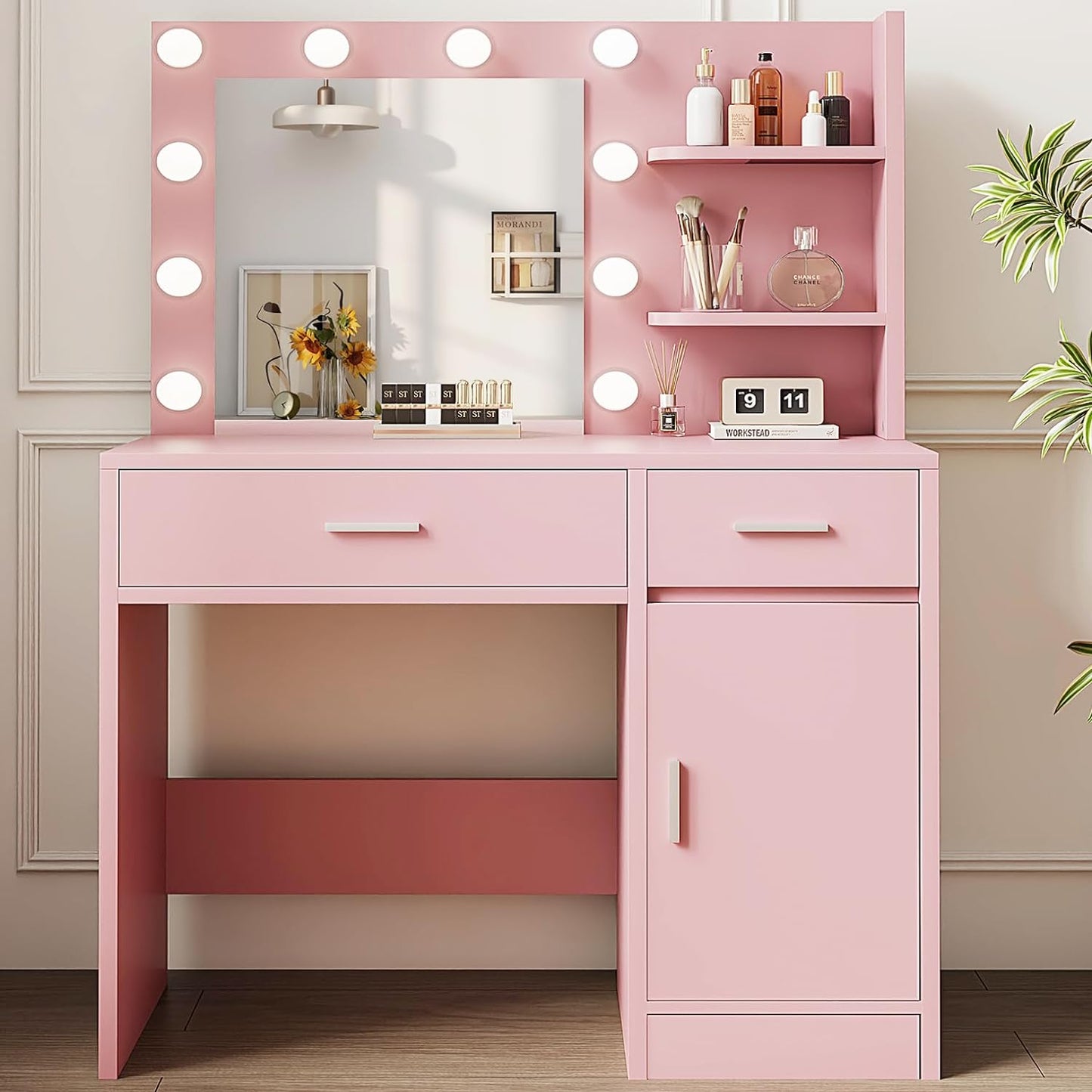 Vanity with Lights, Makeup Vanity with Mirror, 3 Lighting Modes, for Bedroom, Pink by Boahaus
