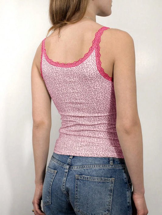 INAWLY Women Leopard Print Contrast Lace Camisole Tank Top, Summer Graphic Tees Women Tops